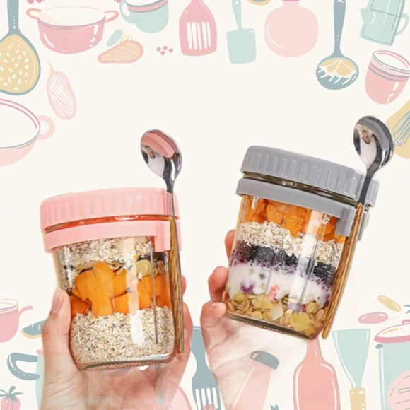 2 Pack Glass Jars With Spoons Parfait Dessert Soup Drinks Lunch - Picture 1 of 5
